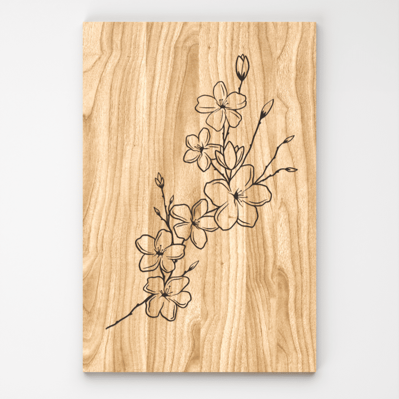 Tableau en chêne massif sur fond gris. Le tableau est orné d'une gravure représentant une branche de cerisier.